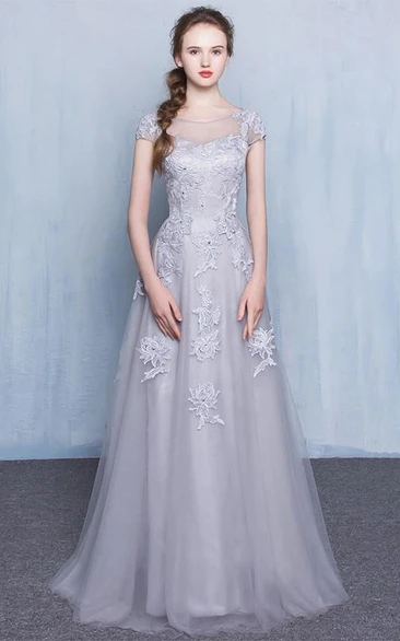 Sheer Neck Appliques Beading Cap Sleeves Prom Dress