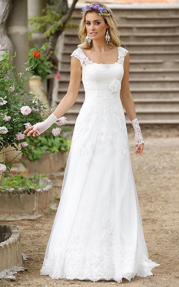 A-Line Floor-Length Cap-Sleeve Square-Neck Lace Wedding Dress With Appliques And Illusion