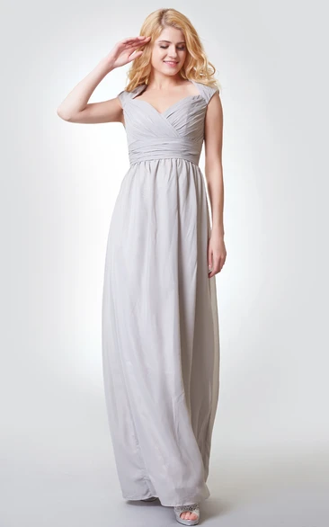 Queen Anne Neckline Ruched A-line Long Chiffon Dress