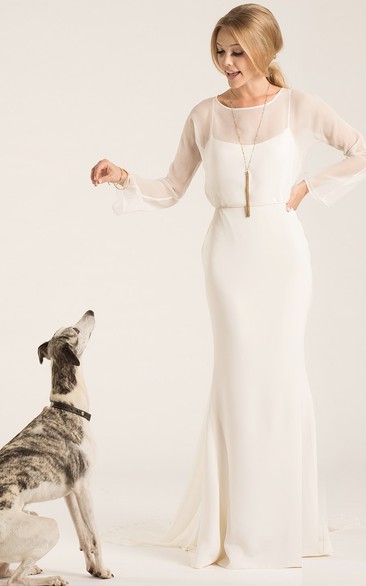 Scoop Floor-Length Long-Sleeve Chiffon Wedding Dress With Watteau Train And V Back