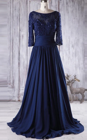 Floor-length Sweetheart Long Sleeve Chiffon&Tulle&Lace Dress With Beading&Illusion