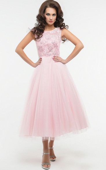 A-Line Tea-Length Jewel Short Sleeve Tulle Appliques Pleats Low-V Back Dress