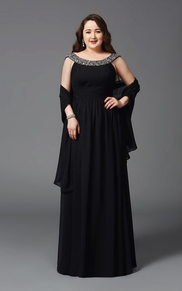 A-line Floor-length Scoop Chiffon Beading Cape Low-V Back Dress