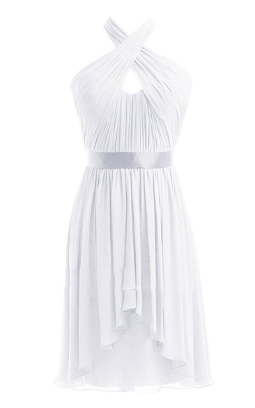Sleeveless Halter Long Pleated Chiffon Dress With Sash