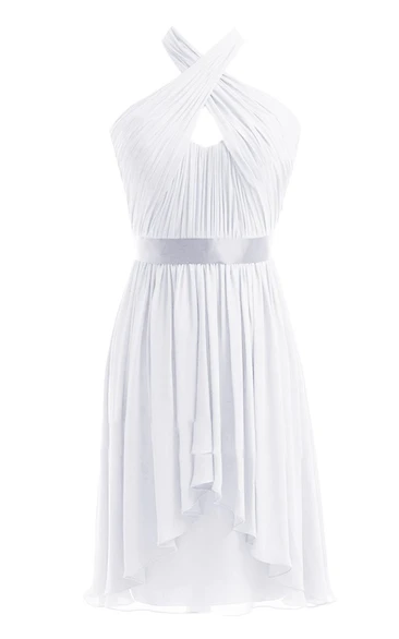 Sleeveless Halter Long Pleated Chiffon Dress With Sash