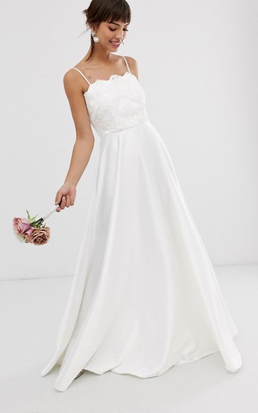 Casual Satin and Lace Sheath Spaghetti Bridal Gown