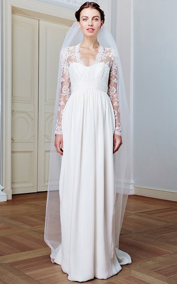 Romantic Chiffon A Line Brush Train Long Sleeve Wedding Dress with Ruching