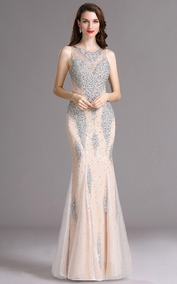 Sheath Bateau Sleeveless Tulle Beading Illusion Dress