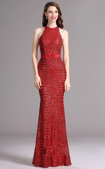 Sheath Halter Sleeveless Sequins Illusion Dress