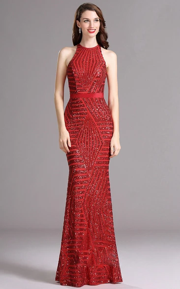 Sheath Halter Sleeveless Sequins Illusion Dress