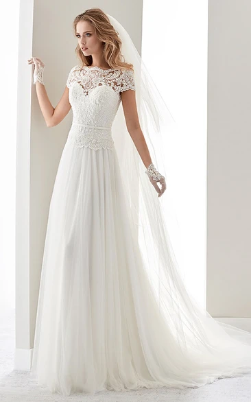 Scalloped-Neck Illusion Draping Wedding Dress With Lace Bodice And T-Shirt Sleeves