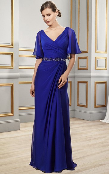 Sheath Floor-Length Side-Draped Poet-Short-Sleeve V-Neck Chiffon Formal Dress With Low-V Back And Waist Jewellery