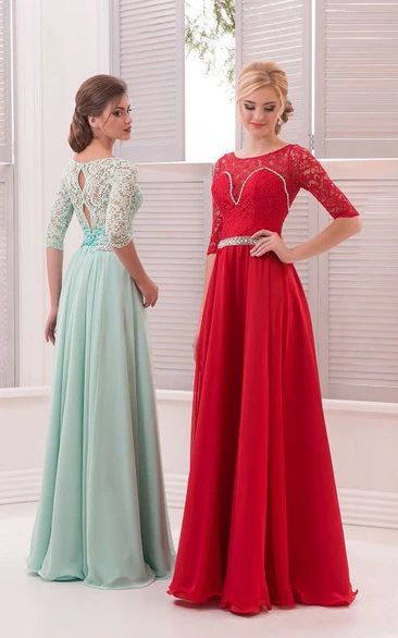 A-Line Floor-Length Jewel Half Sleeve Chiffon Lace Pleats Keyhole Dress