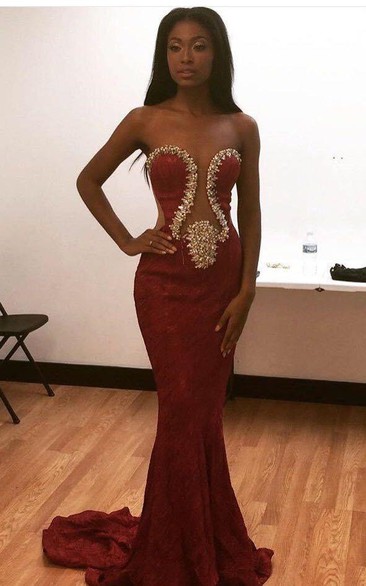 Stunning Sweetheart Lace Mermaid Prom Dress Long With Beadings