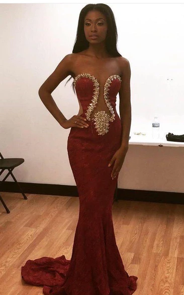 Stunning Sweetheart Lace Mermaid Prom Dress Long With Beadings