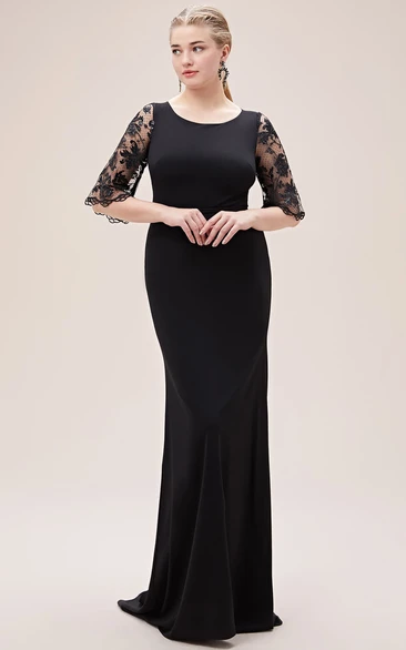 Elegant Brush Train Half Sleeve Jersey Sheath Zipper Prom Dress with Lace