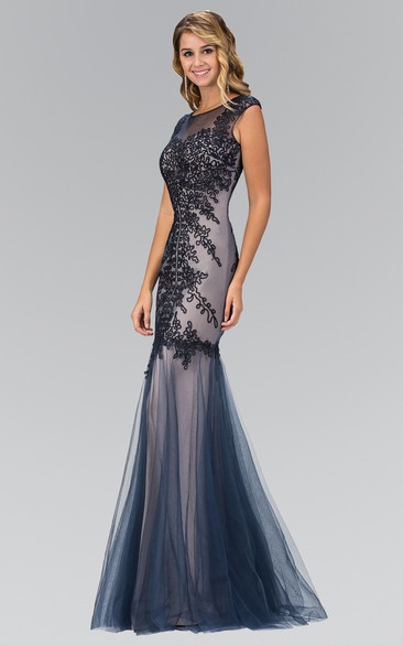 Sheath Floor-Length Bateau Cap-Sleeve Tulle Illusion Dress With Embroidery