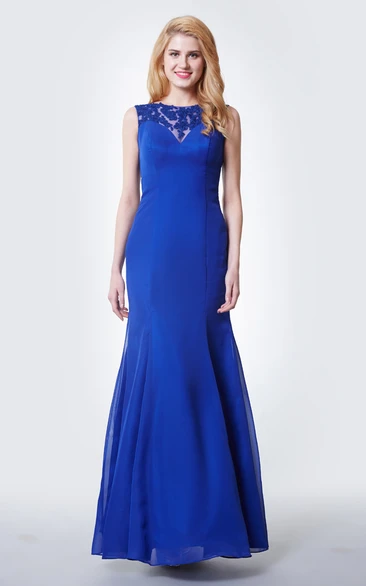 Lace Cap-sleeved Mermaid Long Chiffon Dress With Illusion Back