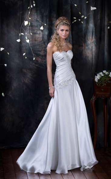 Sheath Floor-Length Sweetheart Sleeveless Corset-Back Satin Dress With Beading And Ruching