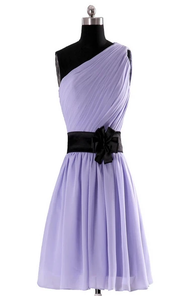 One-shoulder Pleated Chiffon Short Dress With Floral Band