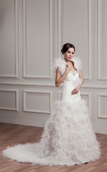 Strapless Ruffled A-Line Criss-Cross Bolero and Gown With Beading