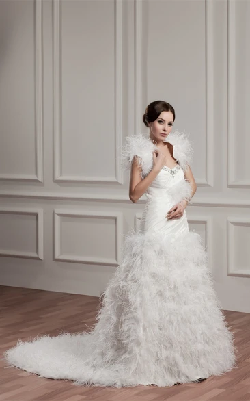 Strapless Ruffled A-Line Criss-Cross Bolero and Gown With Beading