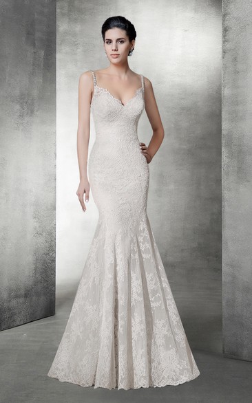 Sexy Mermaid V Neck Lace Wedding Dress