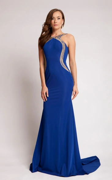 Sheath Scoop Long Sleeveless Jersey Prom Dress With Backless Style And Brush Train