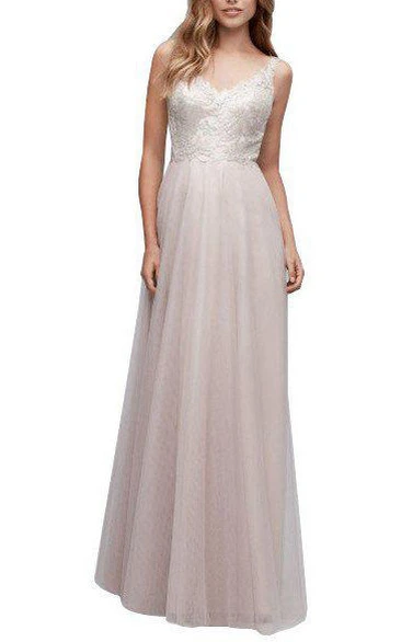 Strapped Tulle Long Bridesmaid Dress with Lace Bodice