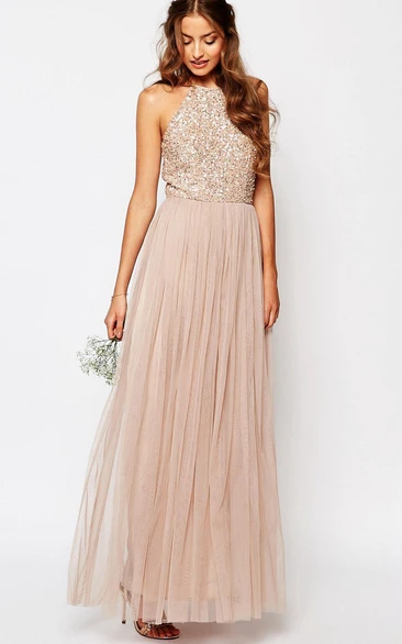 Ankle-Length A-Line High Neck Beaded Sleeveless Tulle Bridesmaid Dress