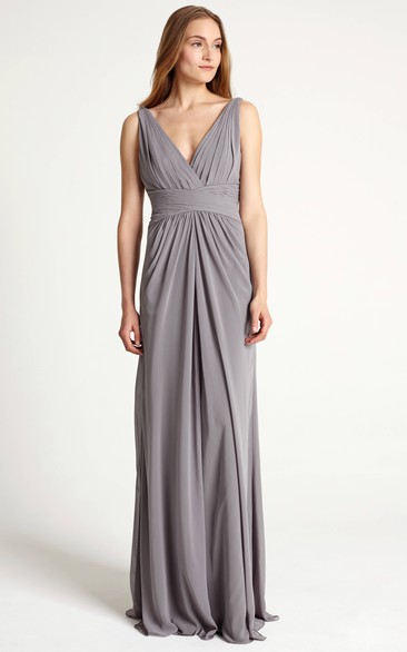 Floor-Length Sleeveless Ruched V-Neck Chiffon Bridesmaid Dress