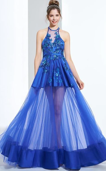 A-Line Halter Appliques Sequins Floor-Length Prom Dress