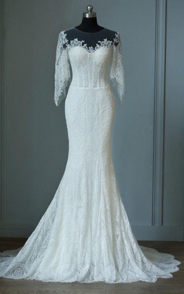 Mermaid Floor-Length Half Sleeve Bell Zipper Keyhole Lace Dress