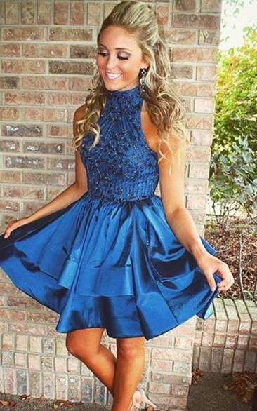 A-line Ball Gown Sleeveless Taffeta High Neck Short Mini Homecoming Dress