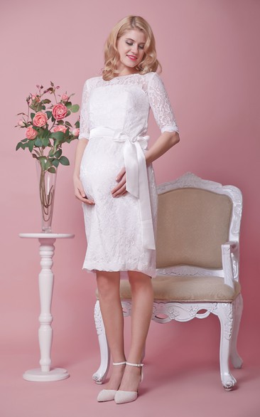 Knee Length Lace Half Sleeve Dress With Satin Bow Sash