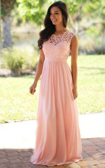 A-line Long High Neck Appliques Chiffon Lace Dress