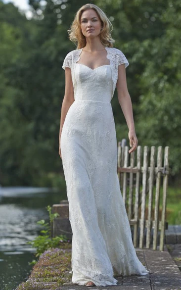 Floor-Length Square Cap-Sleeve Appliqued Lace Wedding Dress