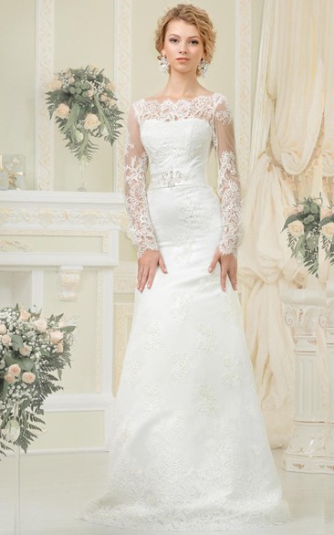 Sheath Floor-Length Bateau-Neck Illusion-Sleeve Lace-Up Lace Dress With Sash And Beading