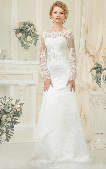 Sheath Floor-Length Bateau-Neck Illusion-Sleeve Lace-Up Lace Dress With Sash And Beading