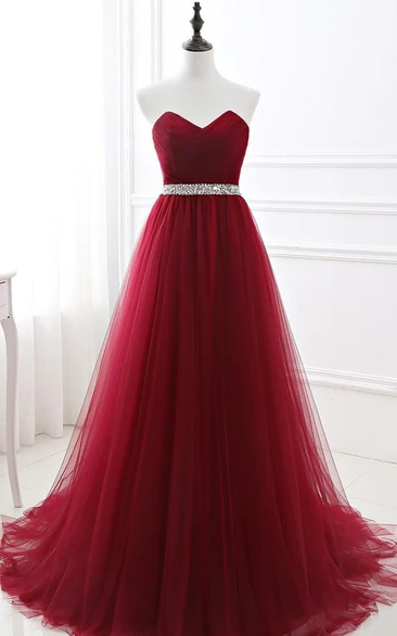 Tulle Floor-length Sweep Train A Line Sleeveless Romantic Formal Dress with Beading