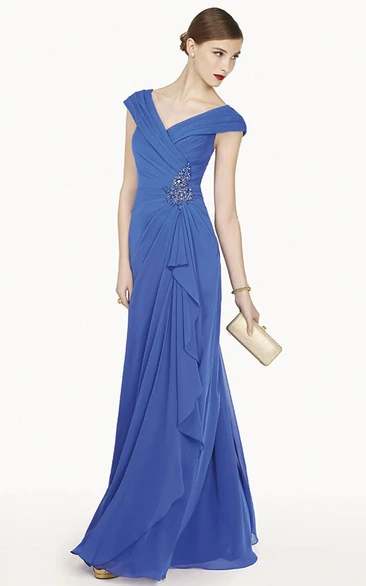 V Neck Cap Sleeve A-Line Chiffon Long Prom Dress With Ruffles