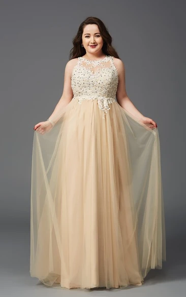 A-line Floor-length Scoop Sleeveless Tulle Appliques Pleats Illusion Dress