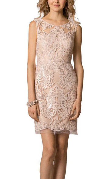 Scoop Neck Lace Short Bridesmaid Dress