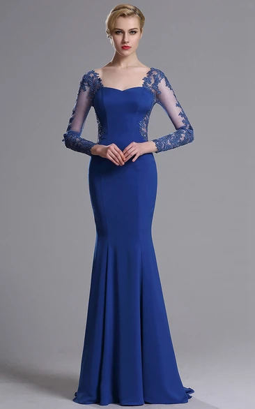 Mermaid Floor-Length Sweep Sweetheart Long Sleeve Jersey Lace Lace Zipper Dress