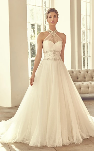 Long High Neck Beaded Tulle Wedding Dress With Court Train And Straps