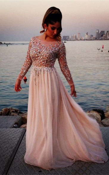 Glamorous Long Sleeve Beadings Prom Dresses Long Chiffon