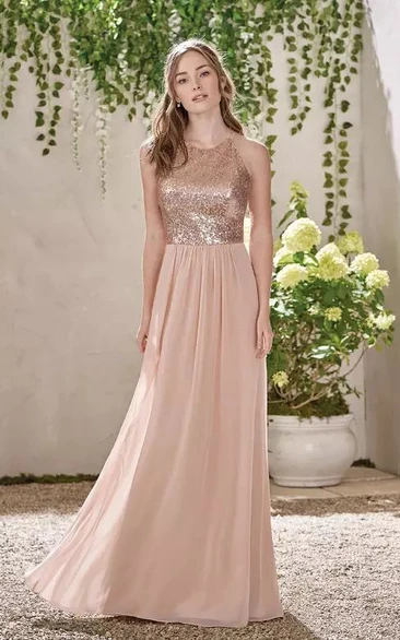 Halter V-neck A-line Floor-length Sleeveless Chiffon Sequins Bridesmaid Dress with Zipper Back