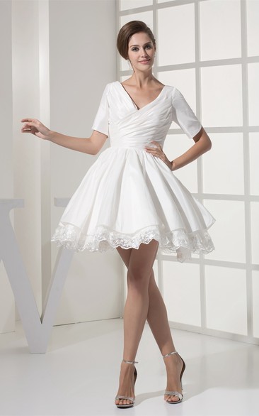 Mini-Sleeve Criss-Cross Short V-Neck Dress With Appliques