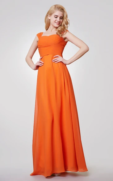 Cap Sleeve Long Chiffon Bowed and Ruched Dress