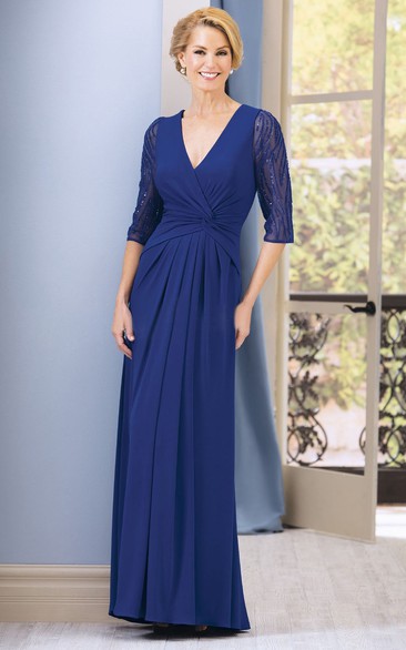 Half-Sleeved V-Neck Long Gown With Beadings And Pleats